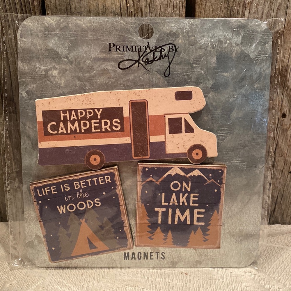 Primatives by Kathy set of 3 Magnets Memo holders Happy Camper Lake Woods New!